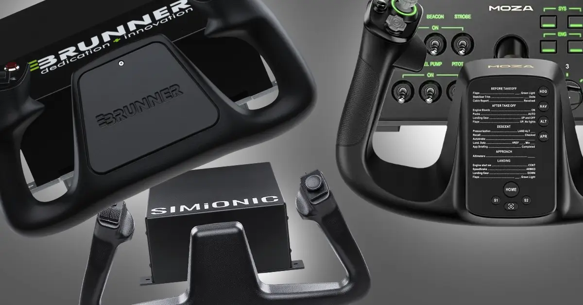 MOZA, Brunner & Simionic Force Feedback Yoke's shown on a grey background