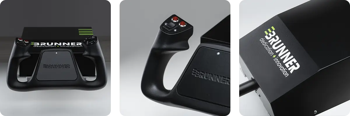 3 Different angles of the Brunner Force Feedback Yoke on a plain background