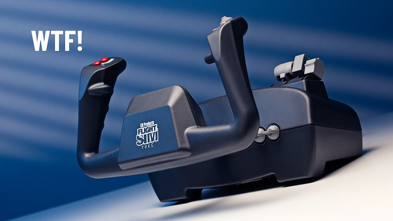 The CH Flight Sim Yoke sitting on a white table with a blue background