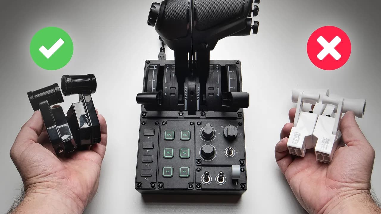 Moza MTQ Throttle from above with a cross on one side and a tick on the other