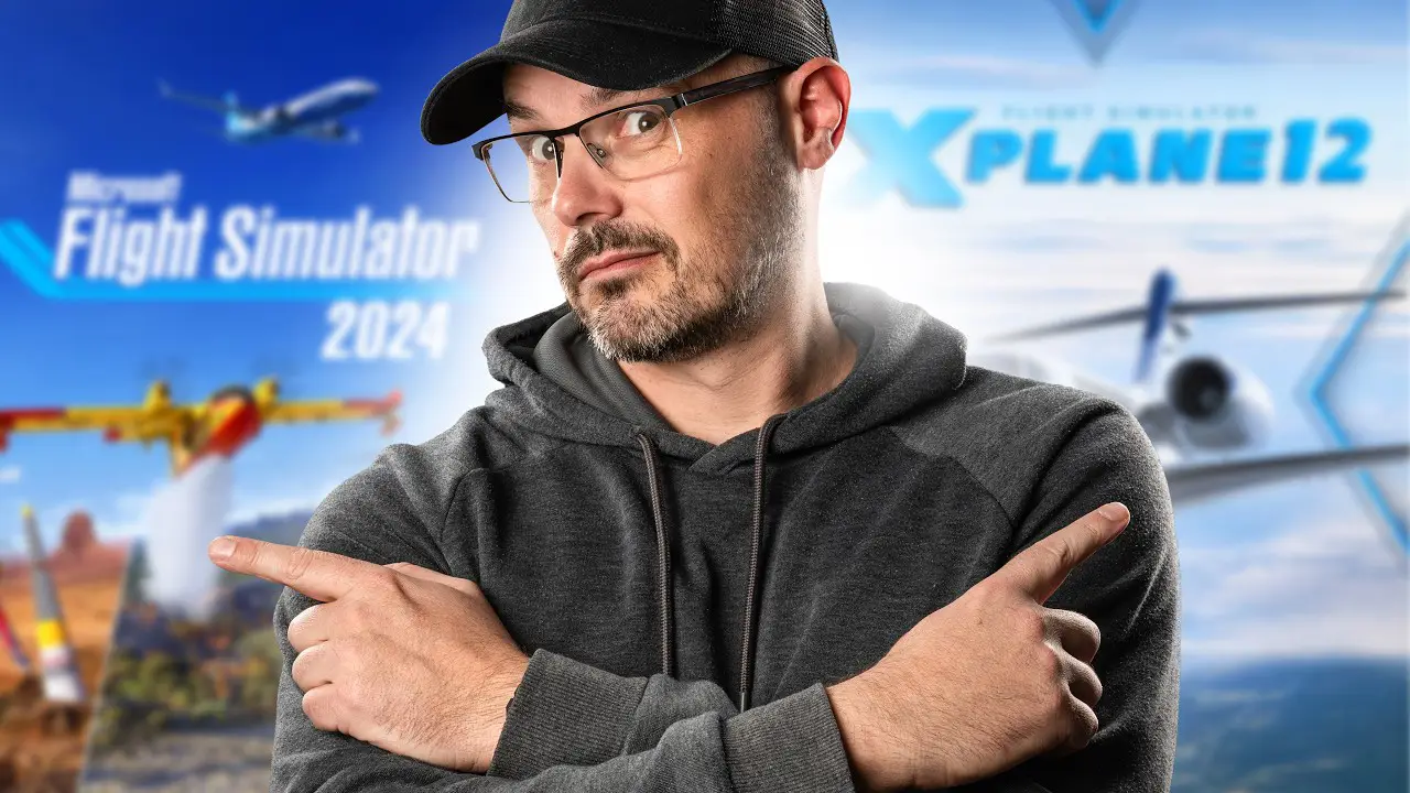 Man pointing to the game cover of MSFS2024 and X-Plane 12
