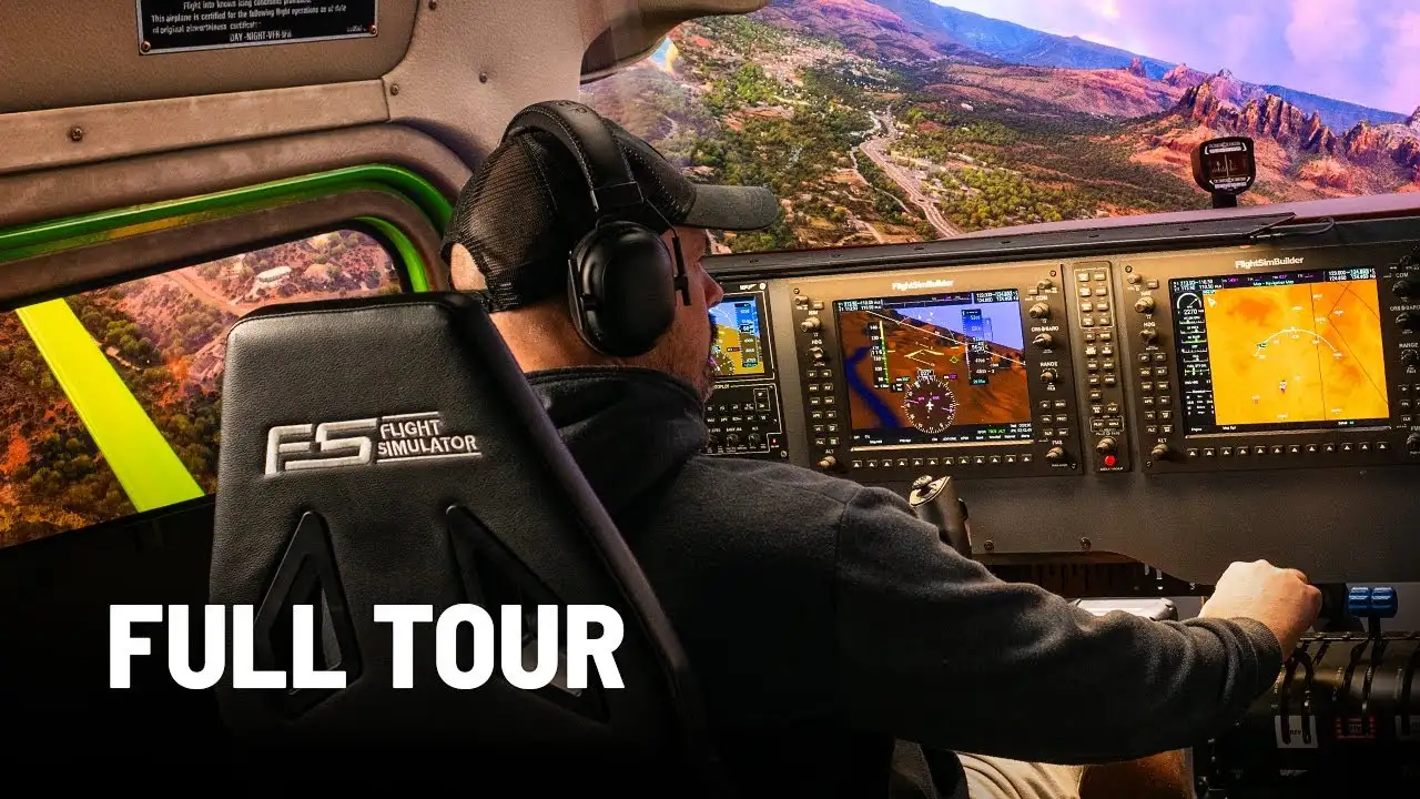 Man flying in a full GA style home flight simulator with G1000 avionics