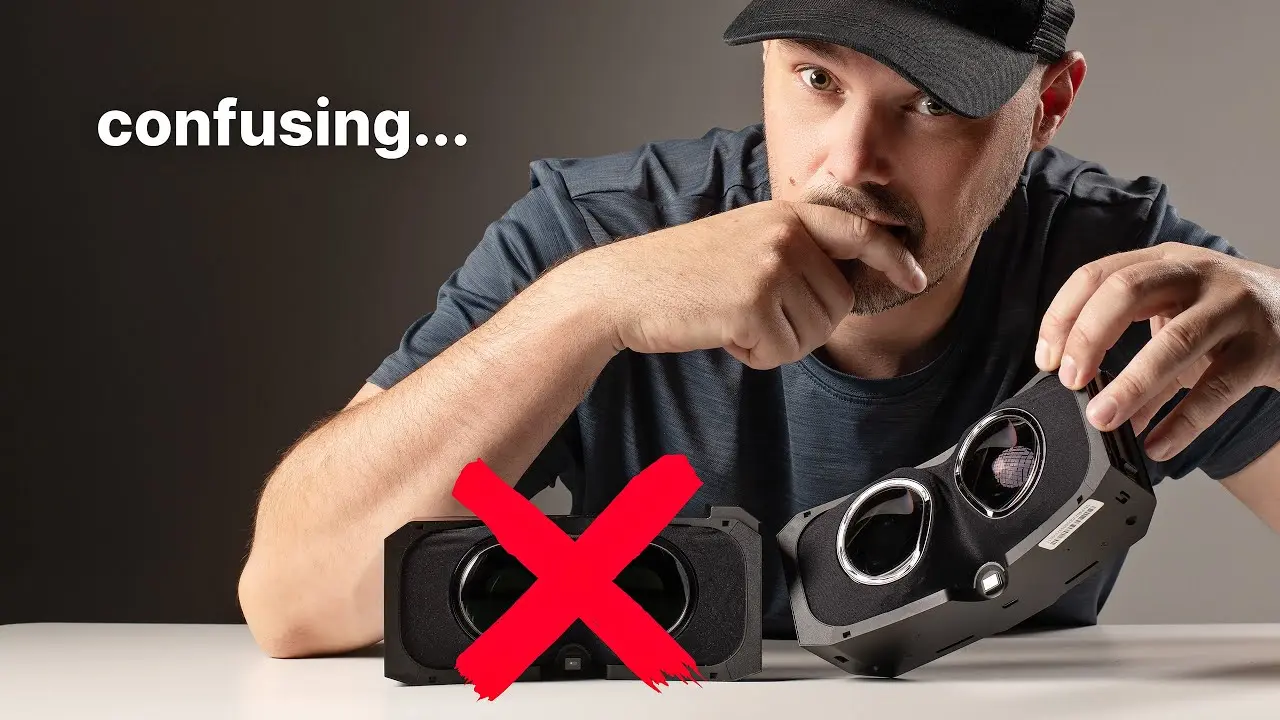 Pimax Crystal Super Ultra Wide vs Standard man looking confused holding the pimax super and the pimax super ultrawide