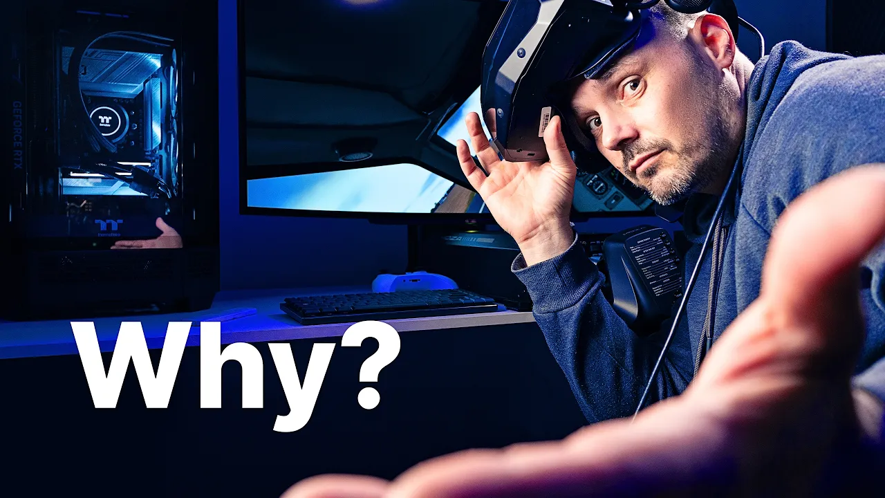 Man wearing Pimax Super OLED in front of a flight simulator