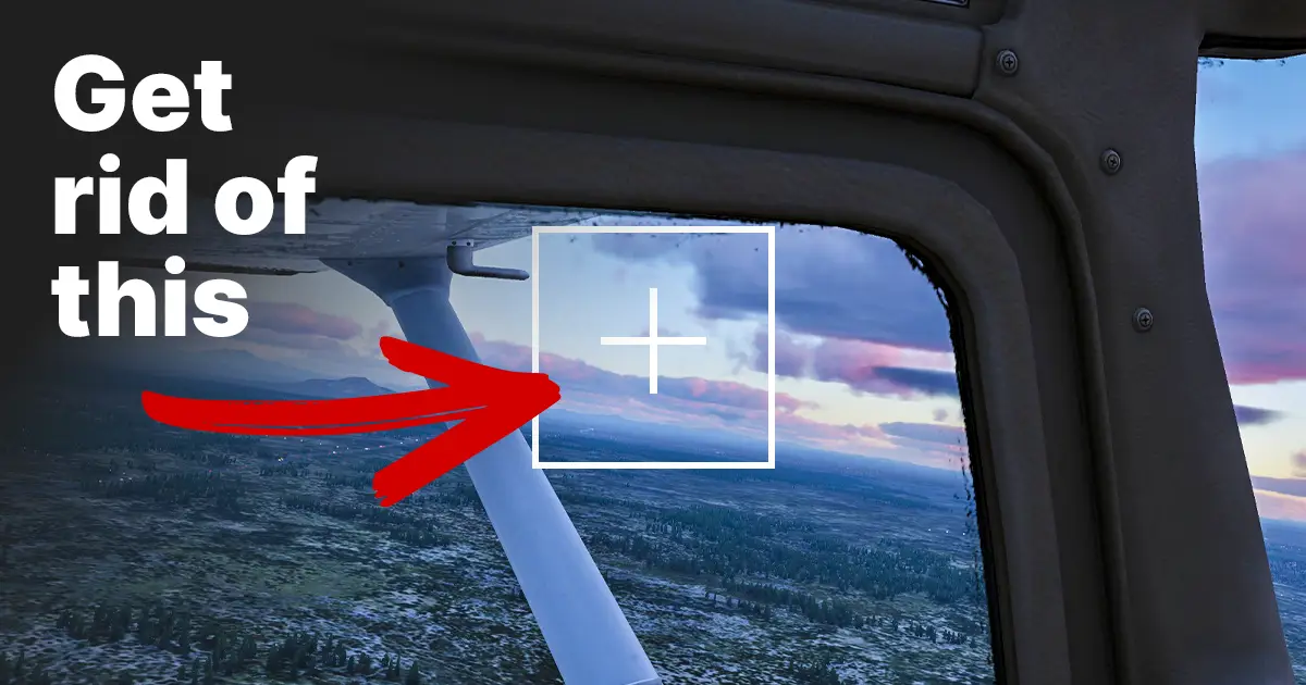 X-Plane 12 screenshot showing view from inside a Cessna 172 with an arrow pointing to the mouse yoke box with cross inside it