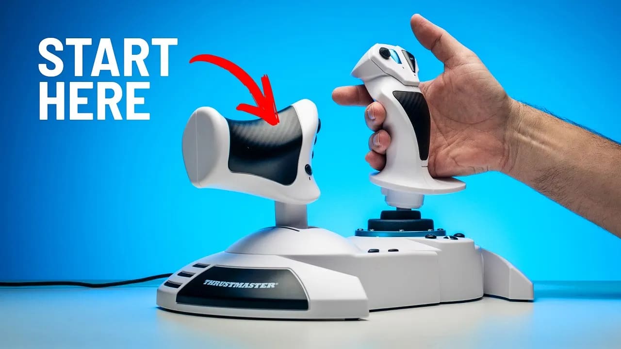 A hand holding the Thrustmaster T.Flight Hotas with a blue background