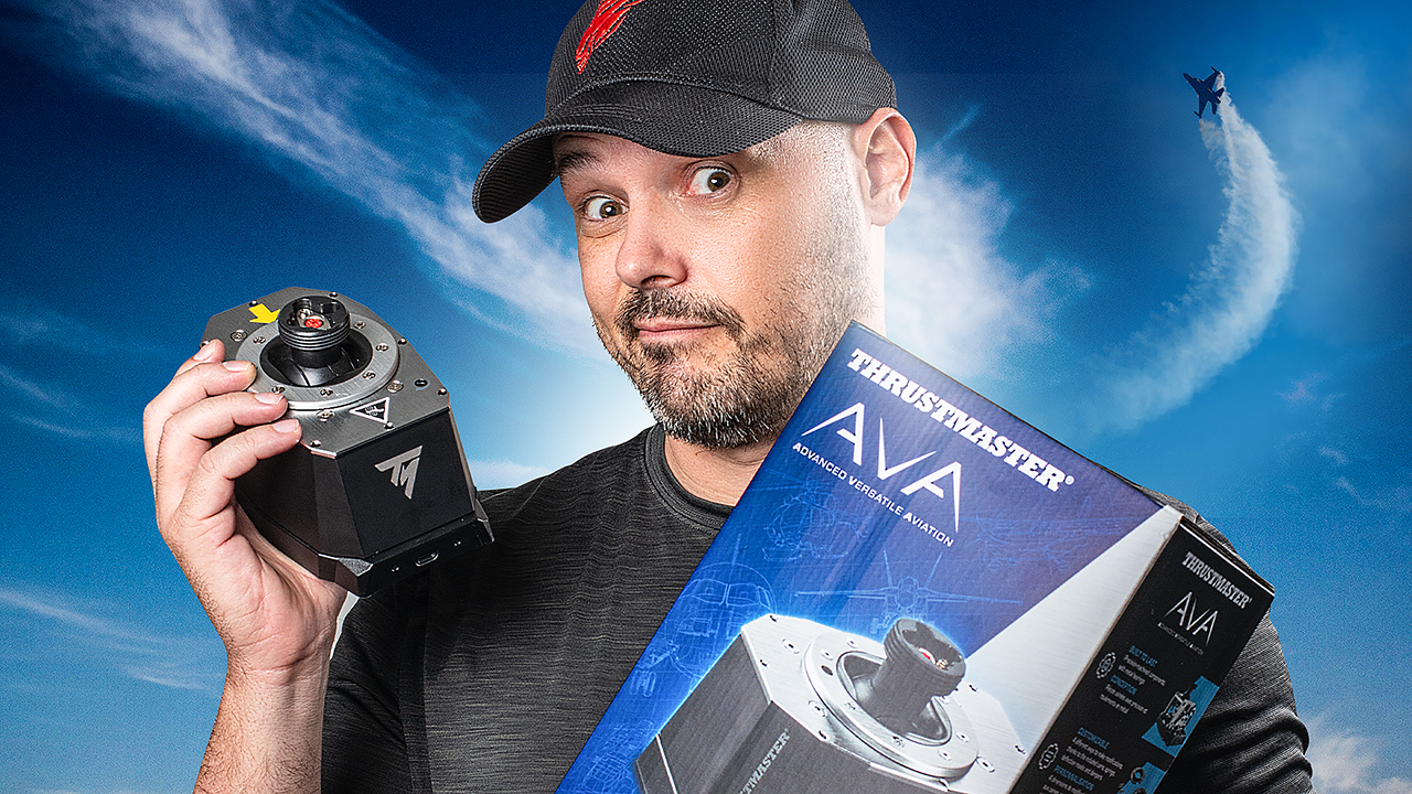 man holding the thrustmaster AVA and the AVA box