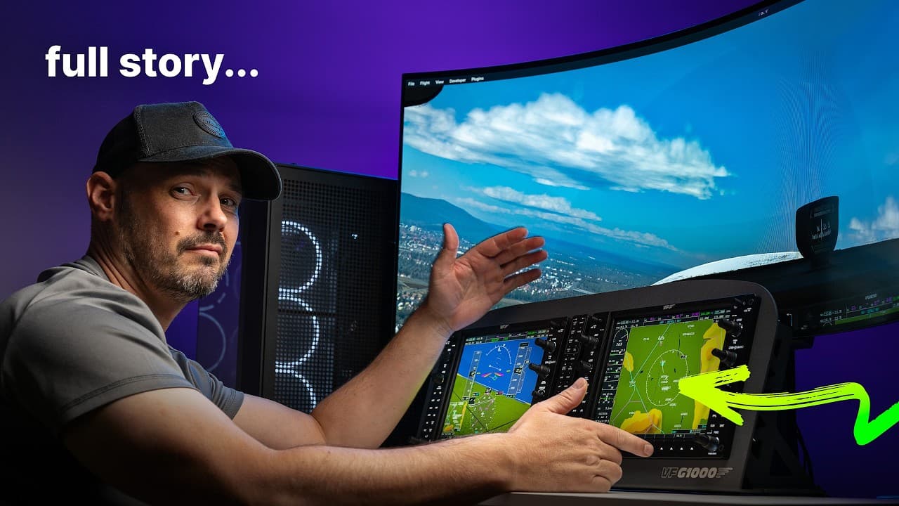 Man pointing at a flight simulator showing the Virtual Fly G1000 Avionics panel